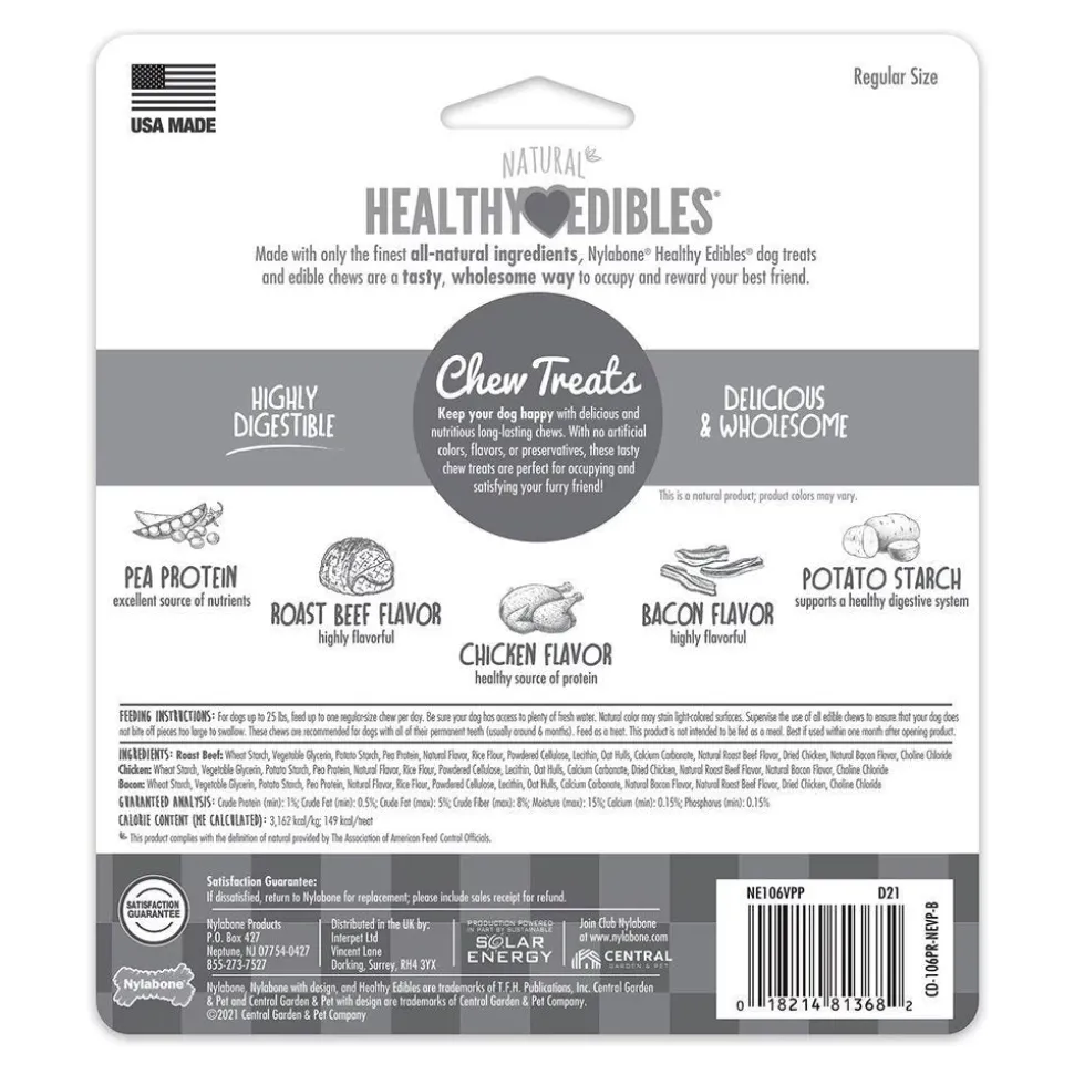 Nylabone Healthy Edibles All-Natural Long Lasting Chew Treats Variety Pack Roast Beef Chicken & Bacon Small/Regular - Up To 25 Ibs 3 Count