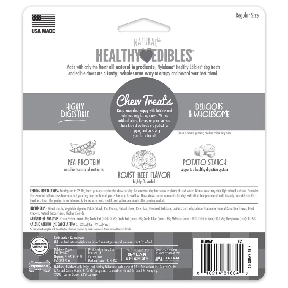 Nylabone Healthy Edibles All-Natural Long Lasting Dog Chew Treats Roast Beef Small/Regular - Up To 25 Ibs 3 Count