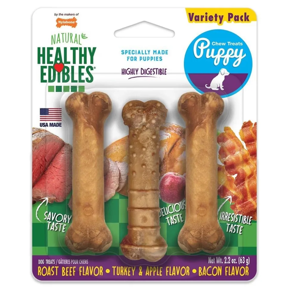 Nylabone Healthy Edibles Puppy Natural Long Lasting Variety Dog Chew Treats Roast Beef, Turkey & Apple, Bacon XS/Petite - Up To 15 lbs 3 Count