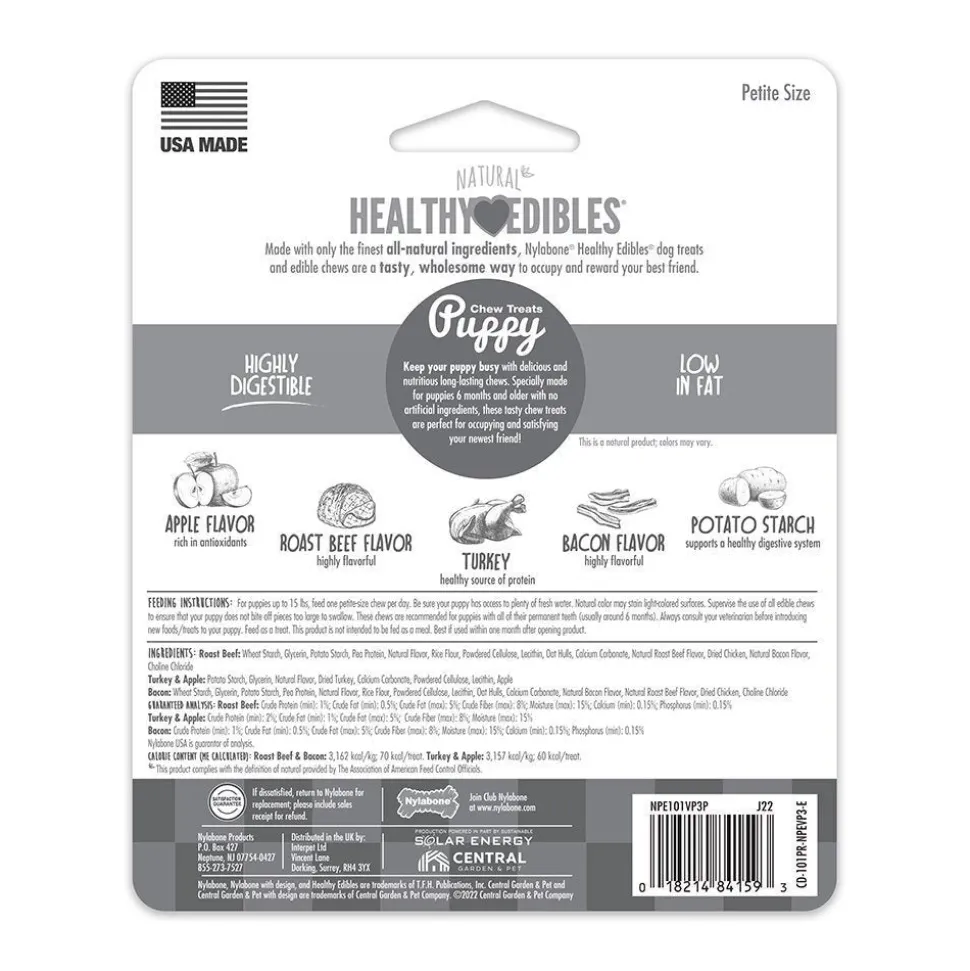 Nylabone Healthy Edibles Puppy Natural Long Lasting Variety Dog Chew Treats Roast Beef, Turkey & Apple, Bacon XS/Petite - Up To 15 lbs 3 Count