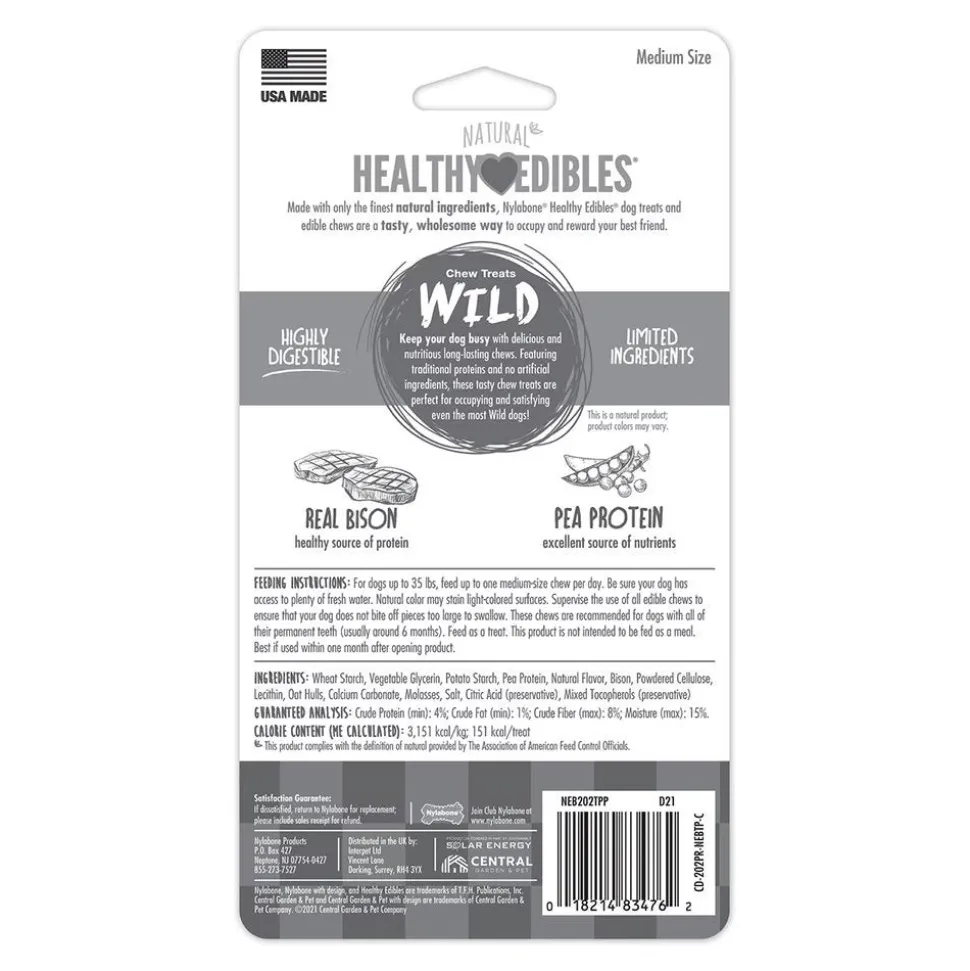 Nylabone Healthy Edibles Wild Natural Long Lasting Dog Chew Treats Bison Medium/Wolf - Up To 35 lbs 2 Count