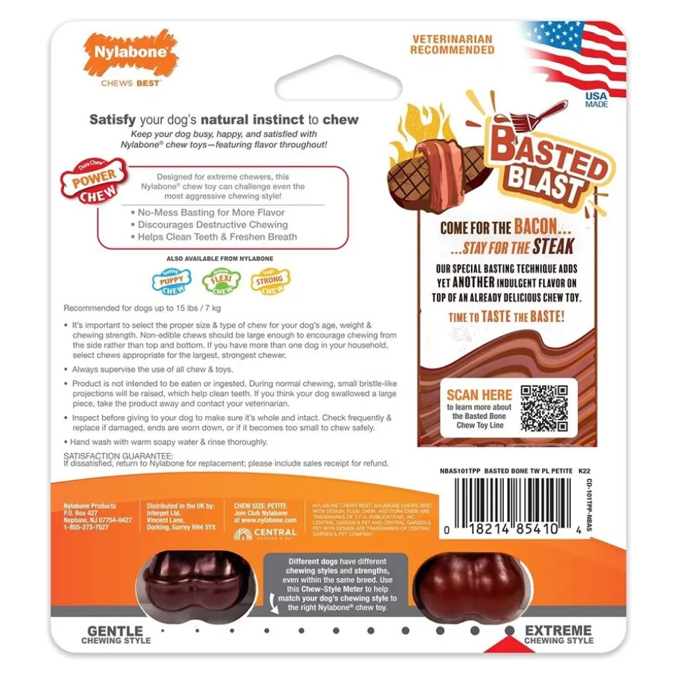 Nylabone Power Chew Basted Blast Dual Flavored Dog Toys Bacon & Steak XS/Petite - Up To 15 lbs 2 Count