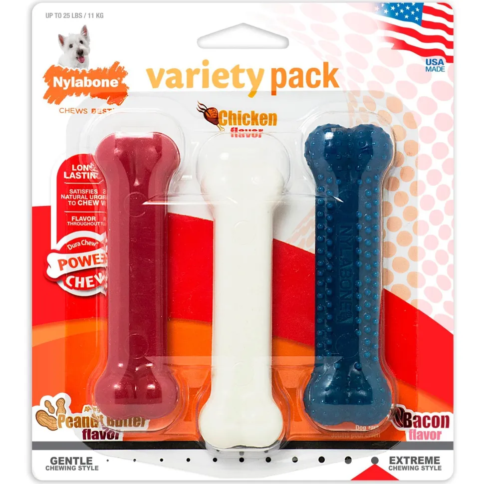 Nylabone Power Chew Variety Triple Pack Chicken Bacon & Peanut Butter Small/Regular - Up To 25 Ibs 3 Count