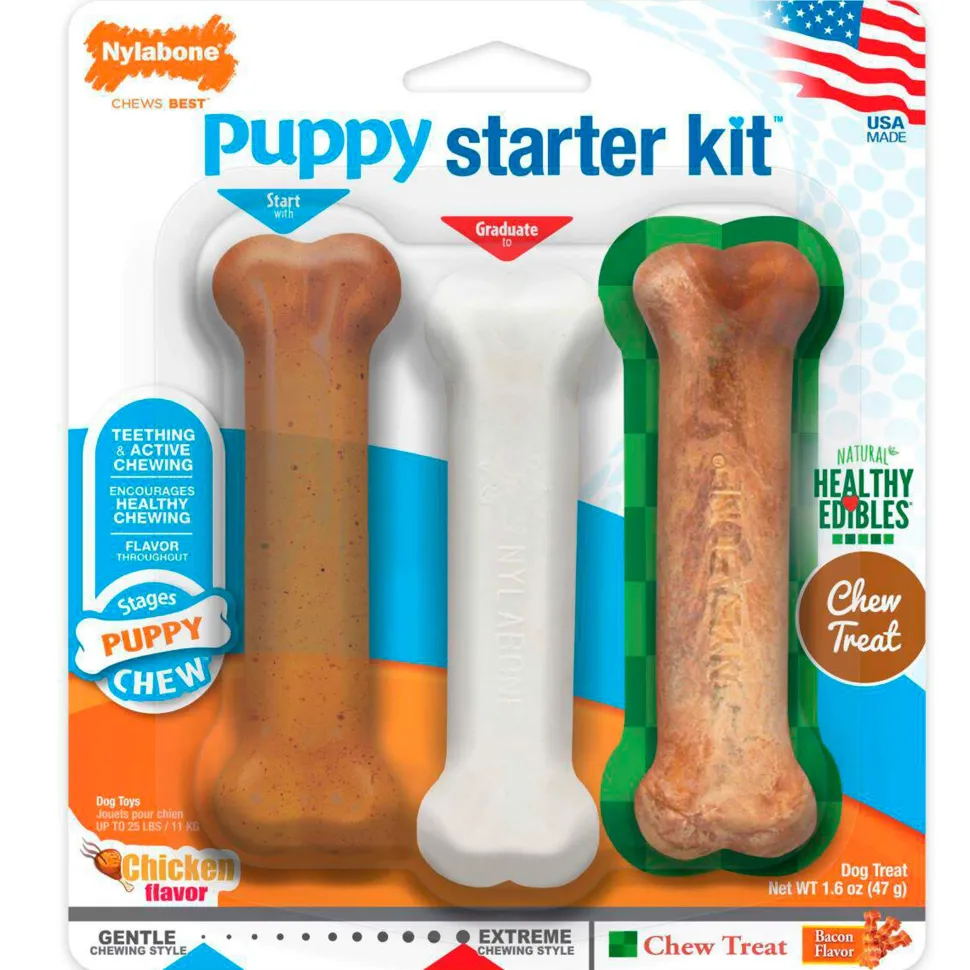 Nylabone Puppy Starter Kit Dog Chew Toys & Treat Chicken & Bacon Small/Regular - Up To 25 Ibs 3 Count