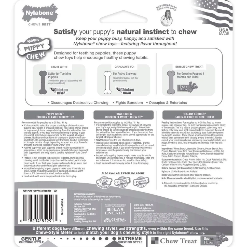 Nylabone Puppy Starter Kit Dog Chew Toys & Treat Chicken & Bacon Small/Regular - Up To 25 Ibs 3 Count