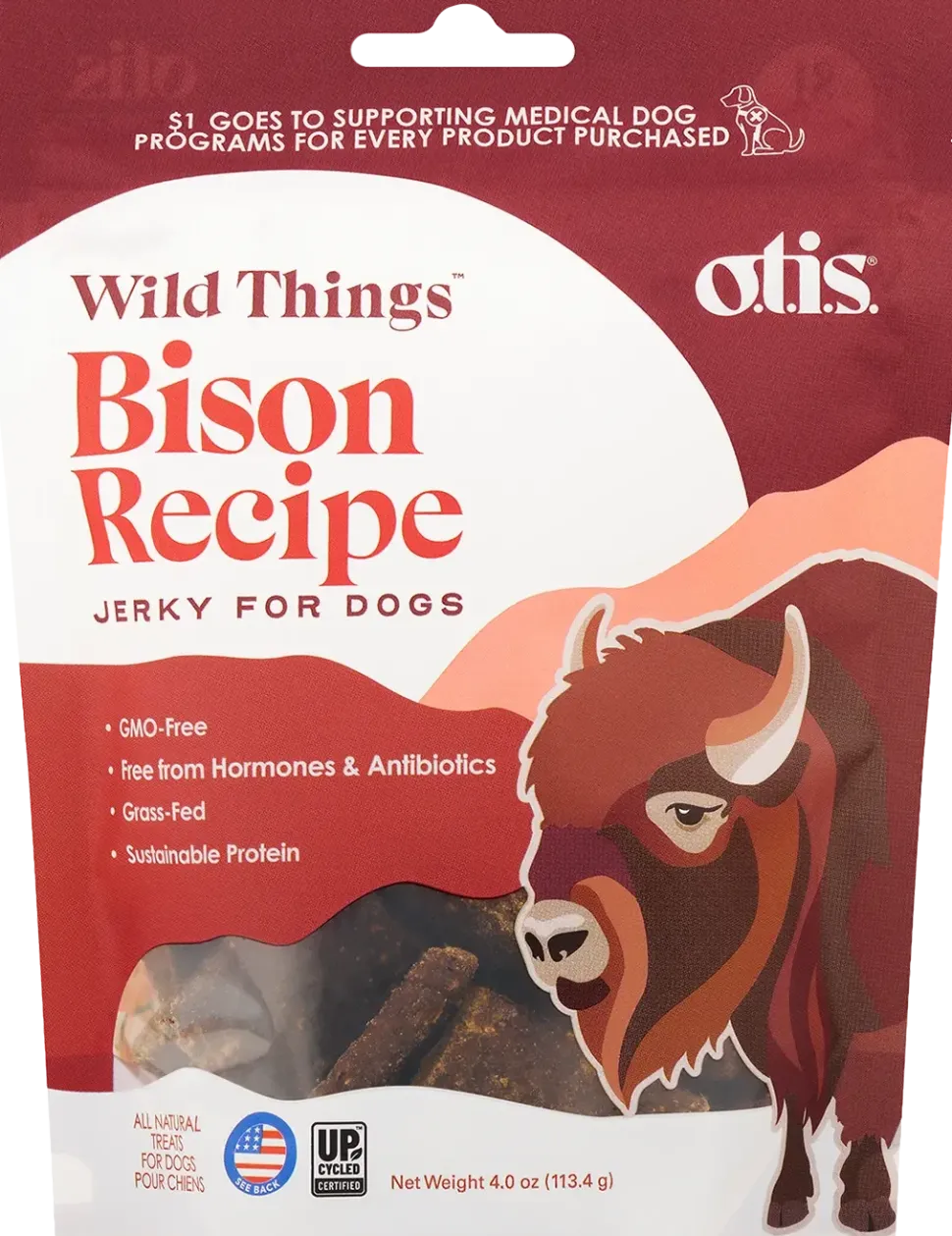 O.T.I.S. Wild Things Jerky Dog Treats Bison Recipe 4-oz