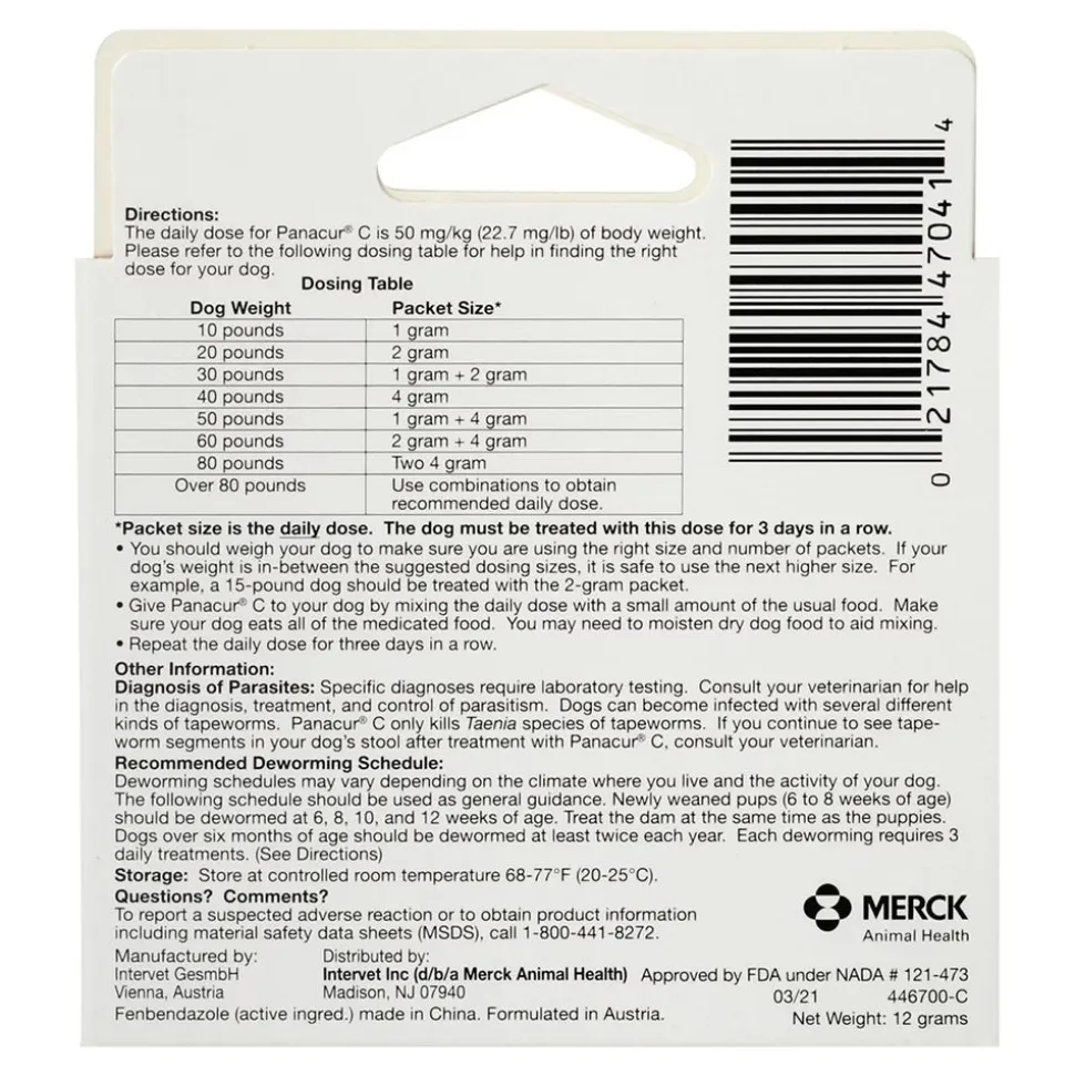 Panacur C Canine Dewormer fenbendazole 4 Gram Pack for Dogs Up To 40 lbs 3 Count Red