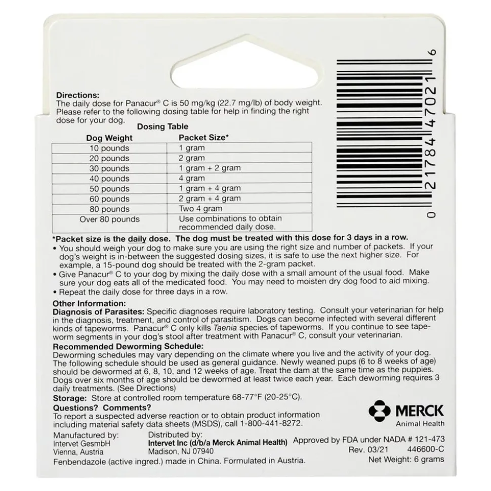 Panacur C Canine Dewormer fenbendazole 2 Gram Pack for Dogs Up To 20 lbs 3 Count Green