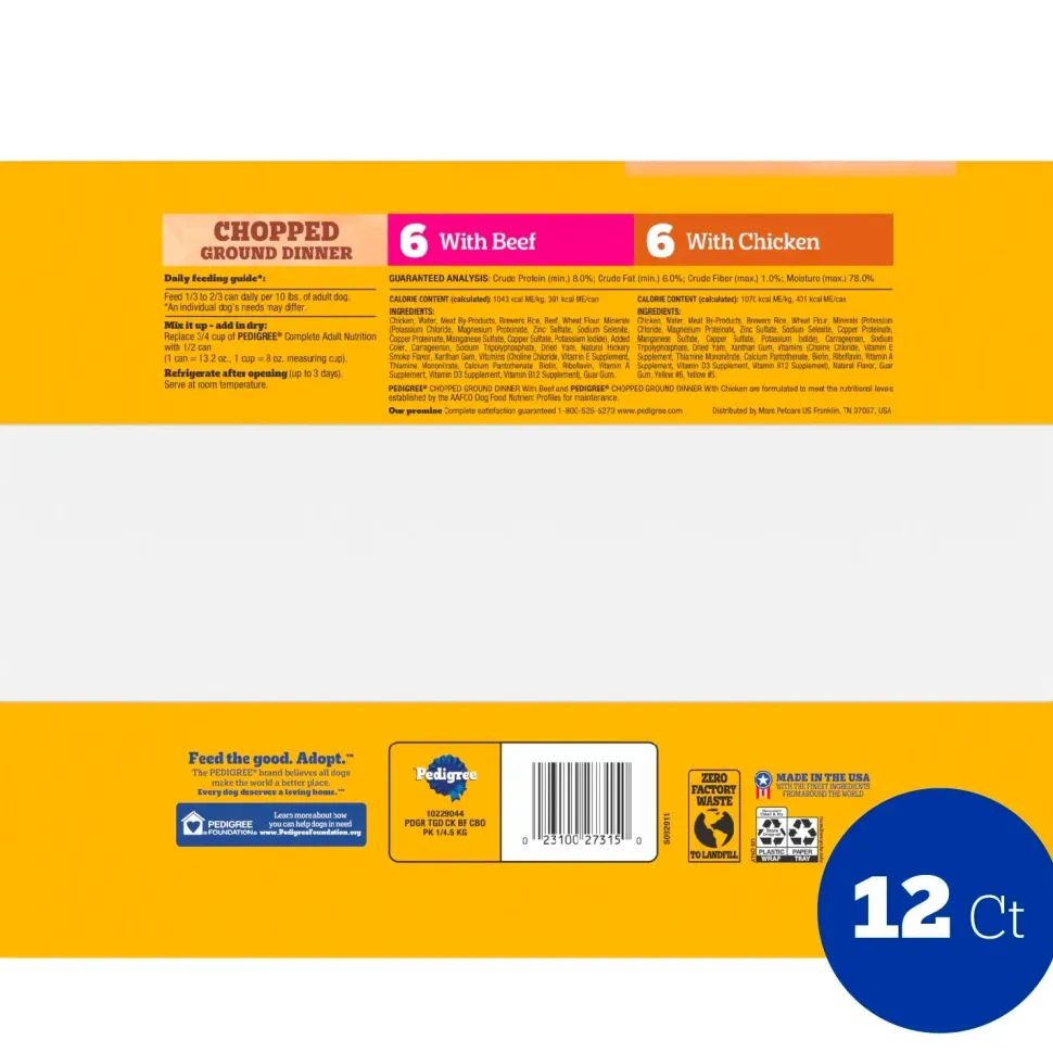 Pedigree Chopped Ground Dinner Adult Wet Dog Food Variety Pack Beef & Chicken 12 Count 13.7-oz