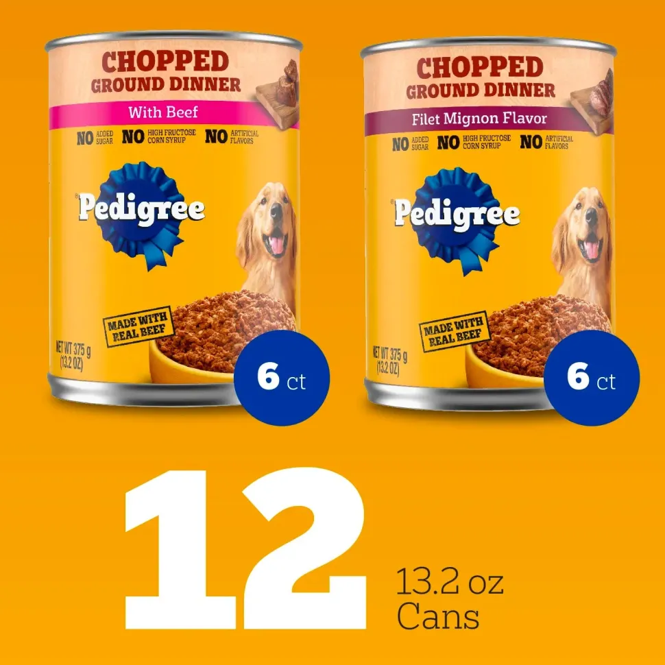 Pedigree Chopped Ground Dinner Adult Wet Dog Food Variety Pack Filet Mignon & Beef 12 Count 13.2-oz