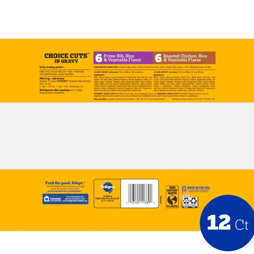 Pedigree Chopped Ground Dinner Adult Wet Dog Food Variety Pack Filet Mignon & Beef 12 Count 13.2-oz