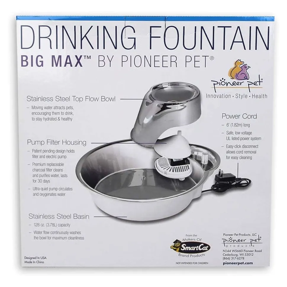 Pioneer Pet Big Max Stainless Steel Dog & Cat Drinking Fountain 128-oz