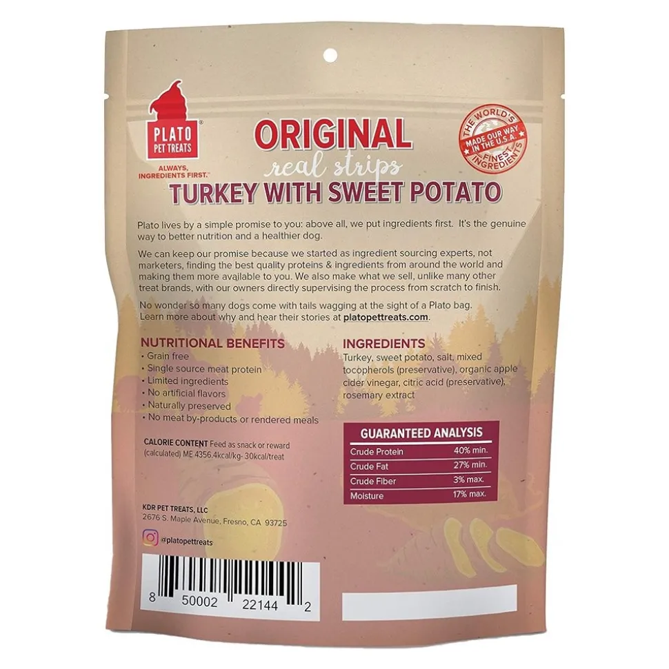 Plato Original Real Strips Grain Free Turkey with Sweet Potato Dog Treats 18-oz
