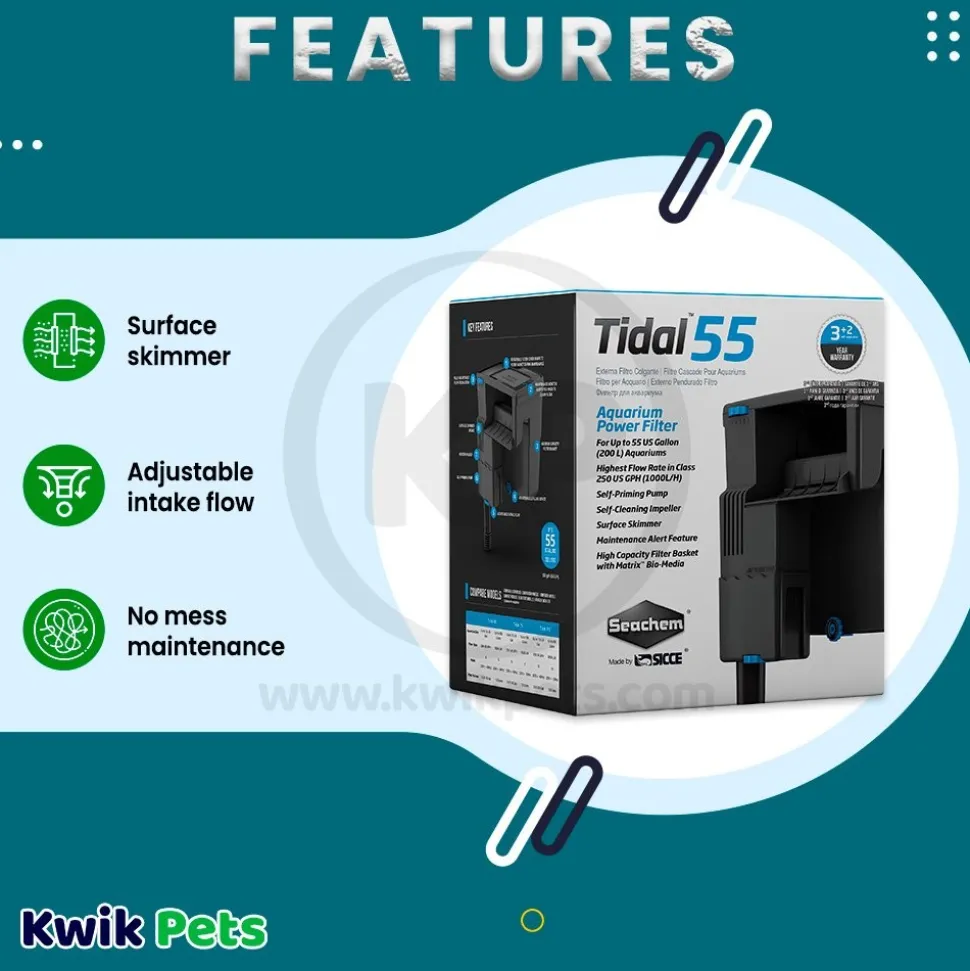 Seachem Tidal 55 Power Filter Black 250-GPH