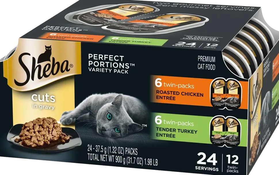 Sheba Perfect Portions Cuts in Gravy Wet Cat Food Roasted Chicken & Tender Turkey 12 Twin Variety Pack 24 Count 1.98-lb