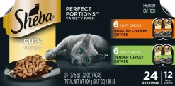 Sheba Perfect Portions Cuts in Gravy Wet Cat Food Roasted Chicken & Tender Turkey 12 Twin Variety Pack 24 Count 1.98-lb