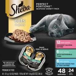 Sheba Perfect Portions Cuts in Gravy Wet Cat Food Salmon, Tuna, Whitefish & Tuna Entrée 24 Twin Variety Pack 48 Count 3.96-lb