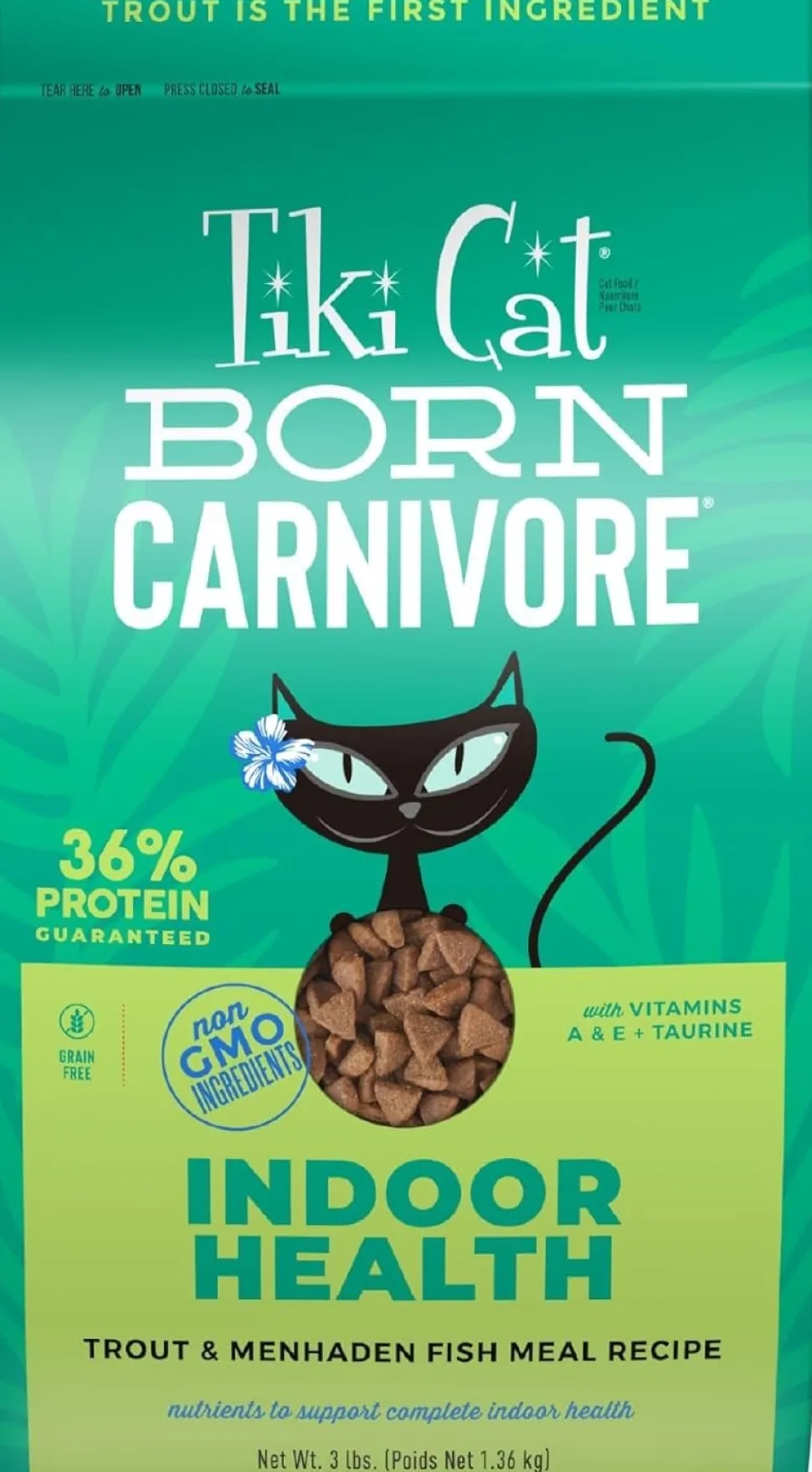 Tiki Pets Cat Born Carnivore Indoor Health Dry Cat Food Trout & Menhaden Fish Meal Recipe 3-lb