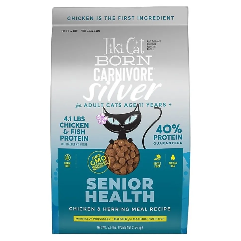 Tiki Pets Cat Born Carnivore Silver Senior Health Dry Cat Food Chicken & Herring Meal Recipe 5.6-lb