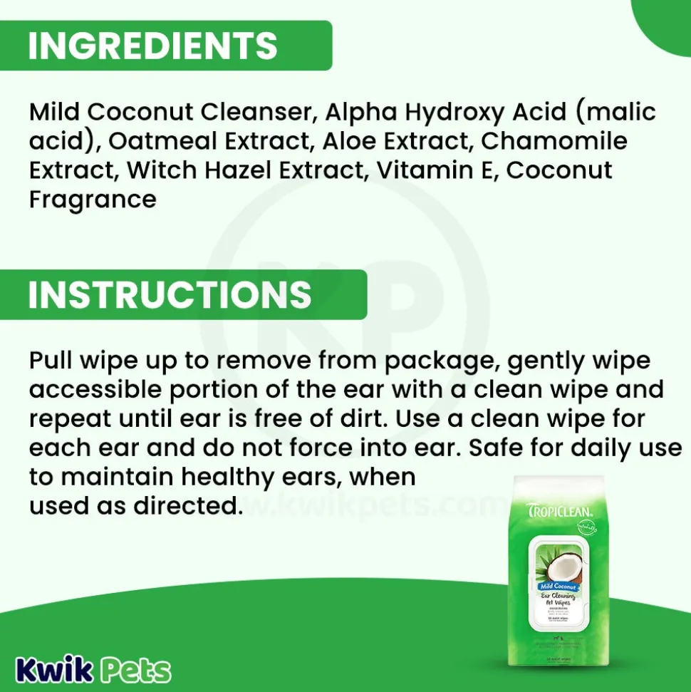 TropiClean Mild Coconut Deodorizing Ear Cleaning Wipes for Dogs & Cats 50 Count