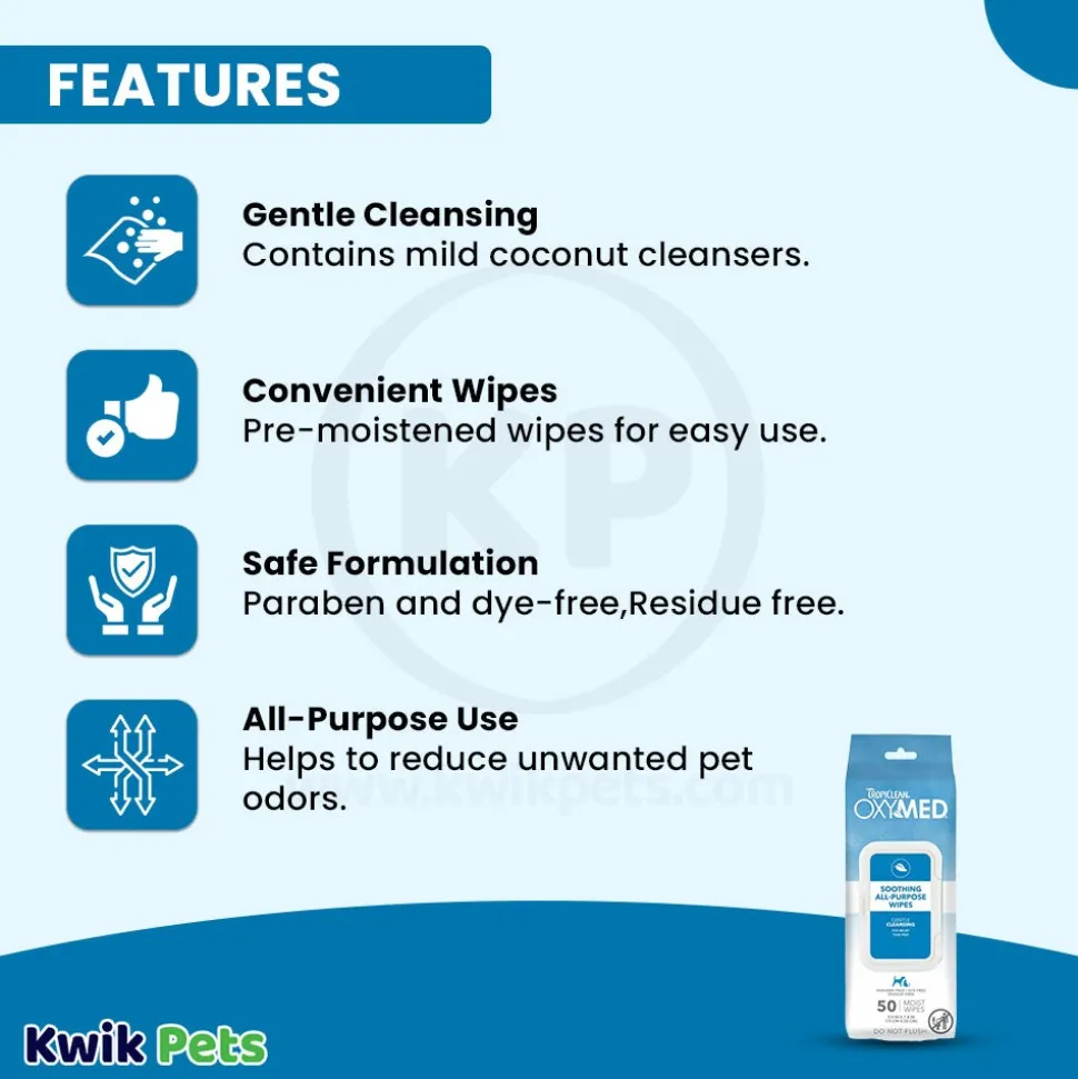 TropiClean OxyMed Soothing All-Purpose Wipes for Dogs & Cats 50 Count