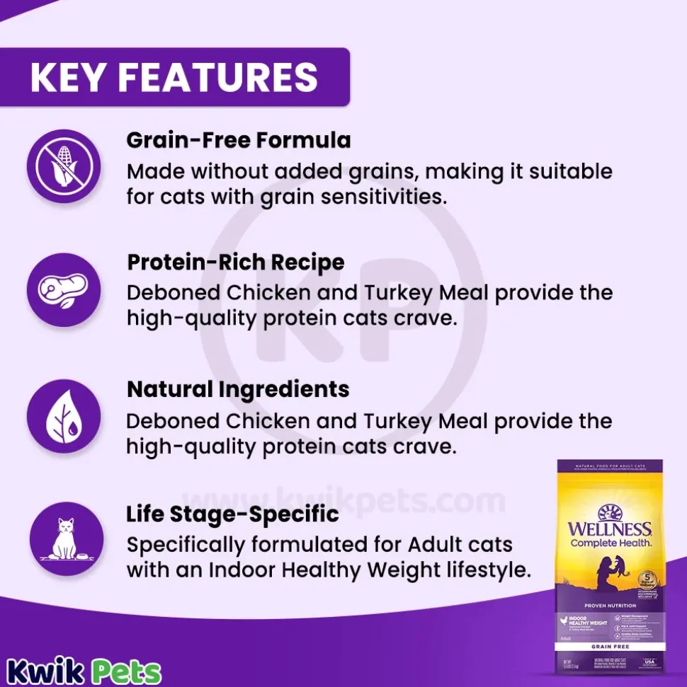 Wellness Complete Health Grain-Free Indoor Healthy Weight Adult Dry Cat Food Deboned Chicken & Turkey Meal Recipe 5.5-lb