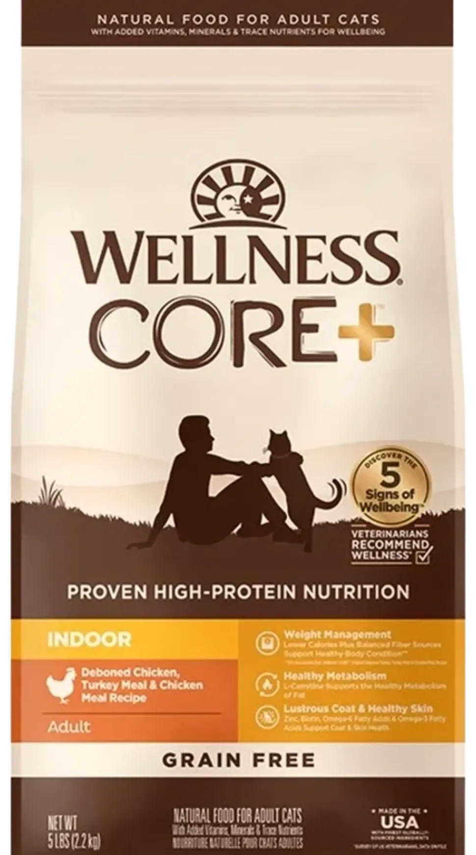 Wellness CORE+ Grain-Free Indoor Adult Dry Cat Food Deboned Chicken, Turkey & Chicken Meal Recipe 5-lb