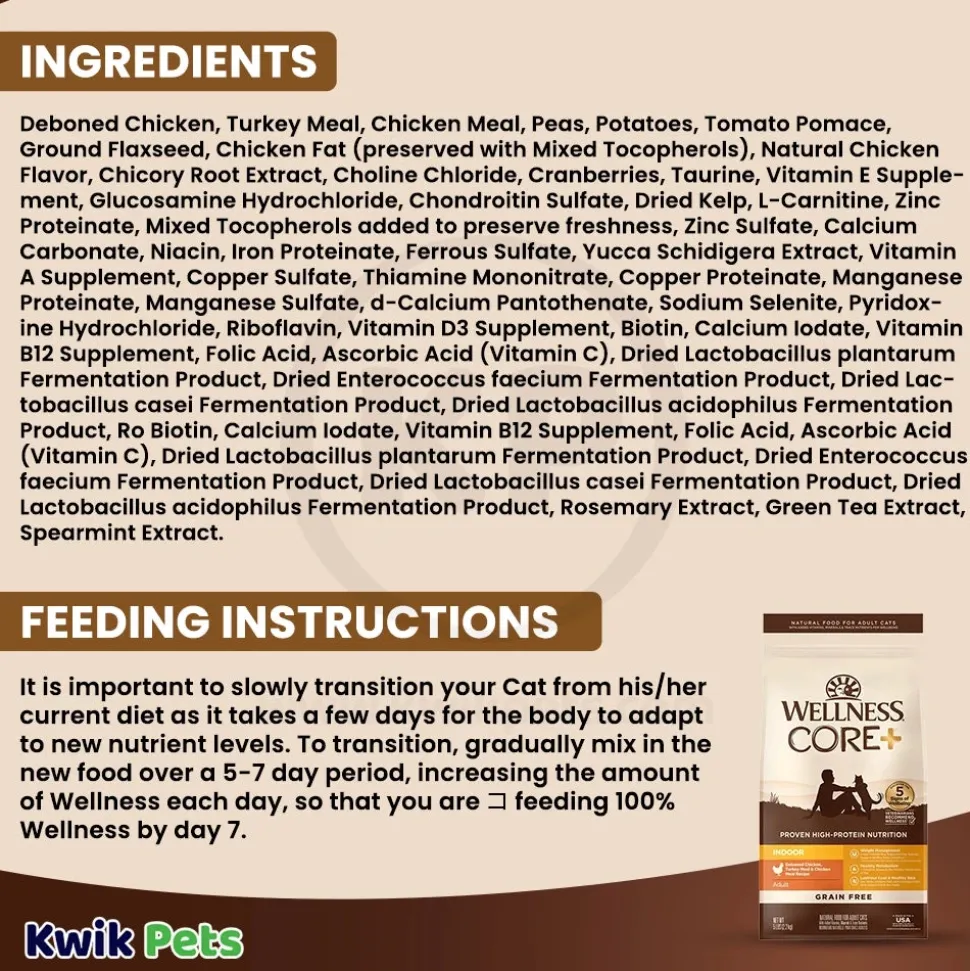 Wellness CORE+ Grain-Free Indoor Adult Dry Cat Food Deboned Chicken, Turkey & Chicken Meal Recipe 5-lb