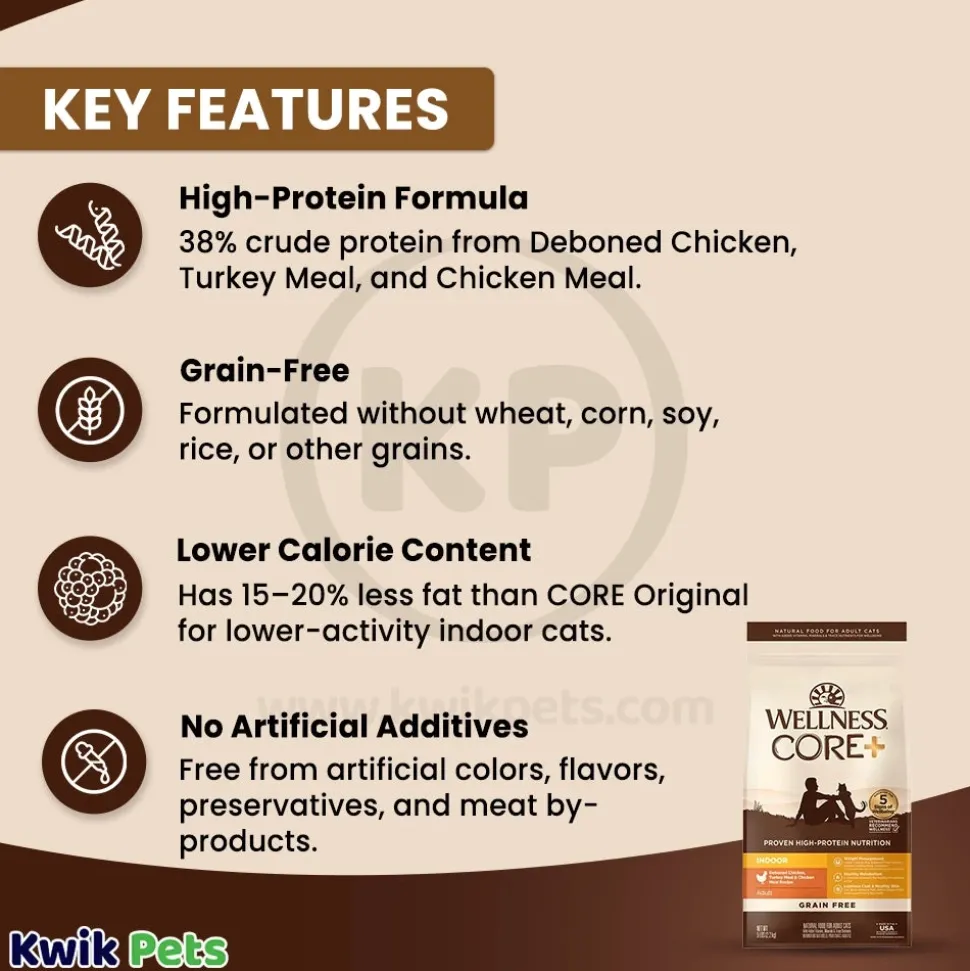 Wellness CORE+ Grain-Free Indoor Adult Dry Cat Food Deboned Chicken, Turkey & Chicken Meal Recipe 5-lb