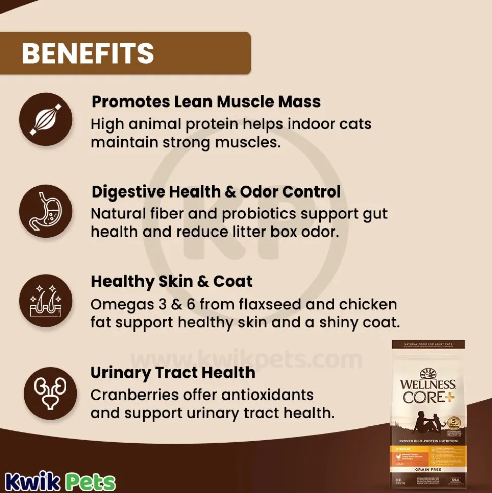 Wellness CORE+ Grain-Free Indoor Adult Dry Cat Food Deboned Chicken, Turkey & Chicken Meal Recipe 5-lb
