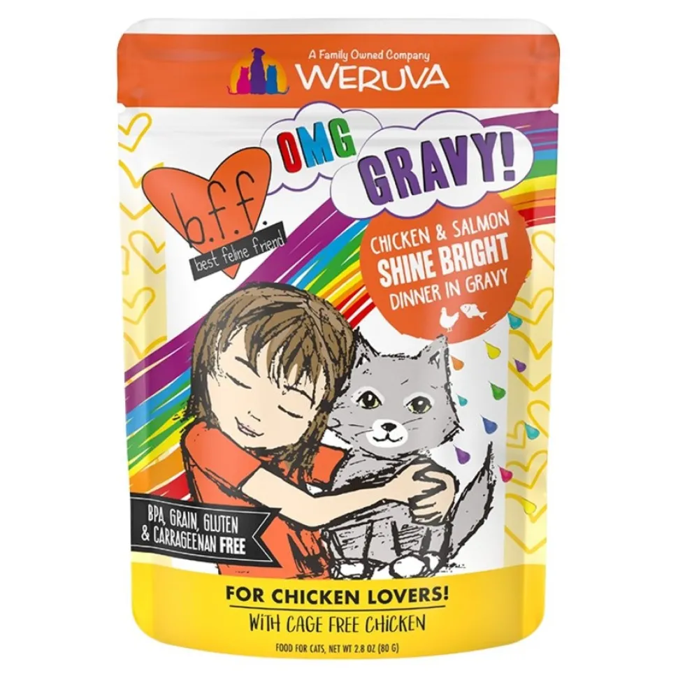 Weruva B.F.F. OMG Chicken & Salmon Shine Bright Dinner in Gravy Wet Cat Food Pouches 2.8-oz
