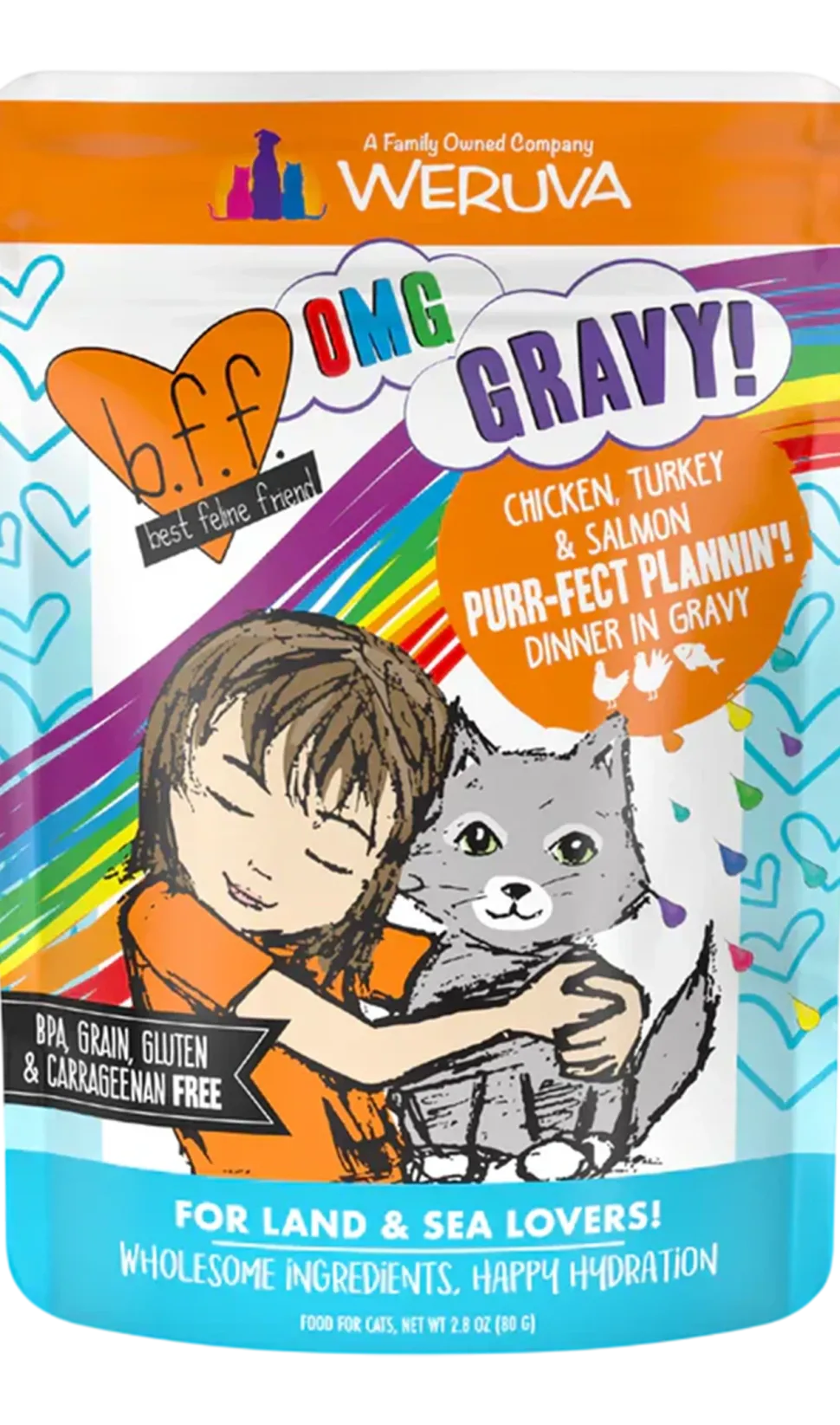 Weruva B.F.F. OMG Chicken, Turkey & Salmon Purr-Fect Plannin'! Dinner in Gravy Wet Cat Food Pouches 2.8-oz