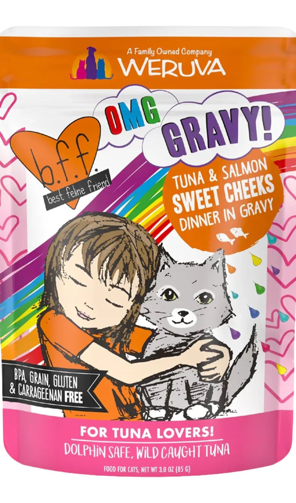 Weruva B.F.F. OMG Tuna & Salmon Sweet Cheeks Dinner in Gravy Wet Cat Food Pouches 3-oz