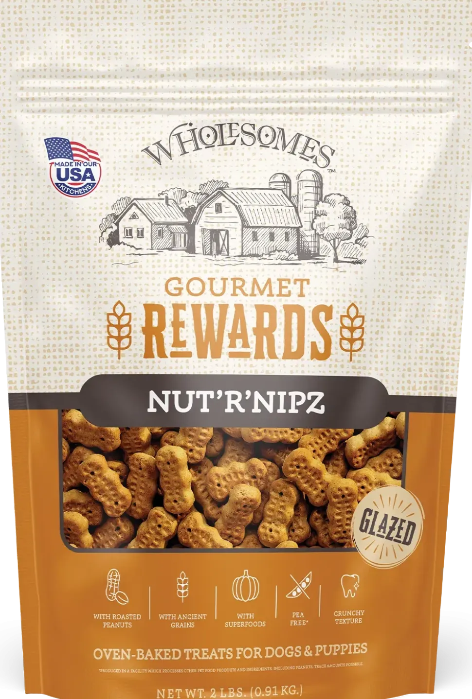 Wholesomes Gourmet Rewards Nut'R'Nipz Biscuits Oven-Baked Dog Treats Peanut Butter 2-lb